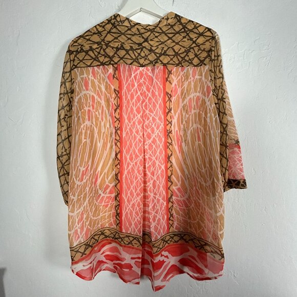 Nic+Zoe Womens Sheer Button-Front Tunic Top Large Abstract Print 3/4 Sleeve Red - Picture 2 of 7